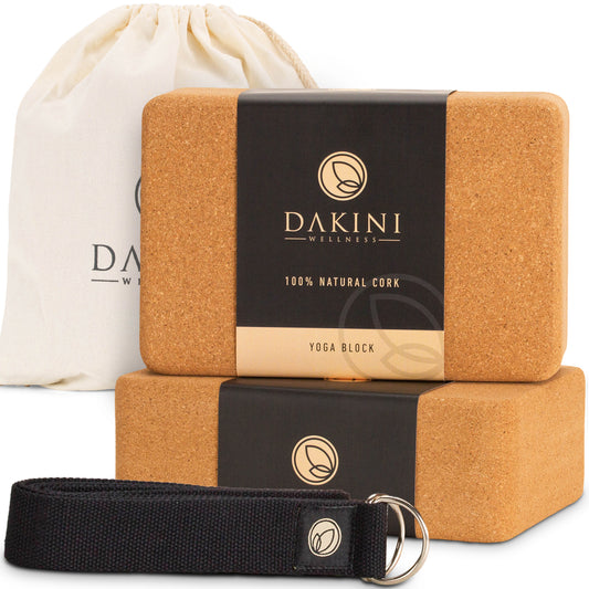 Dakini Wellness Cork Yoga Block 2 Pack with Yoga Strap Set