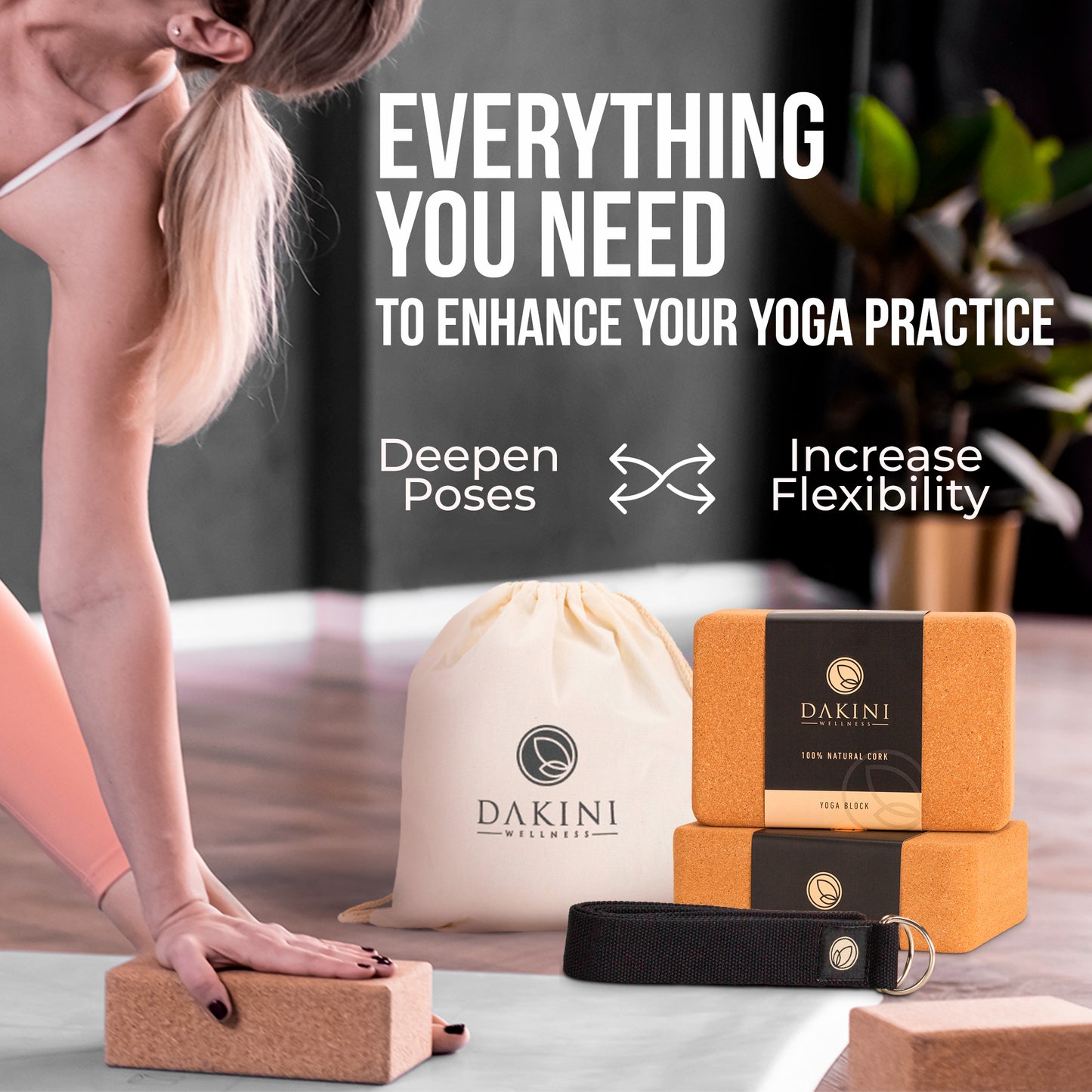 Dakini Wellness Cork Yoga Block 2 Pack with Yoga Strap Set