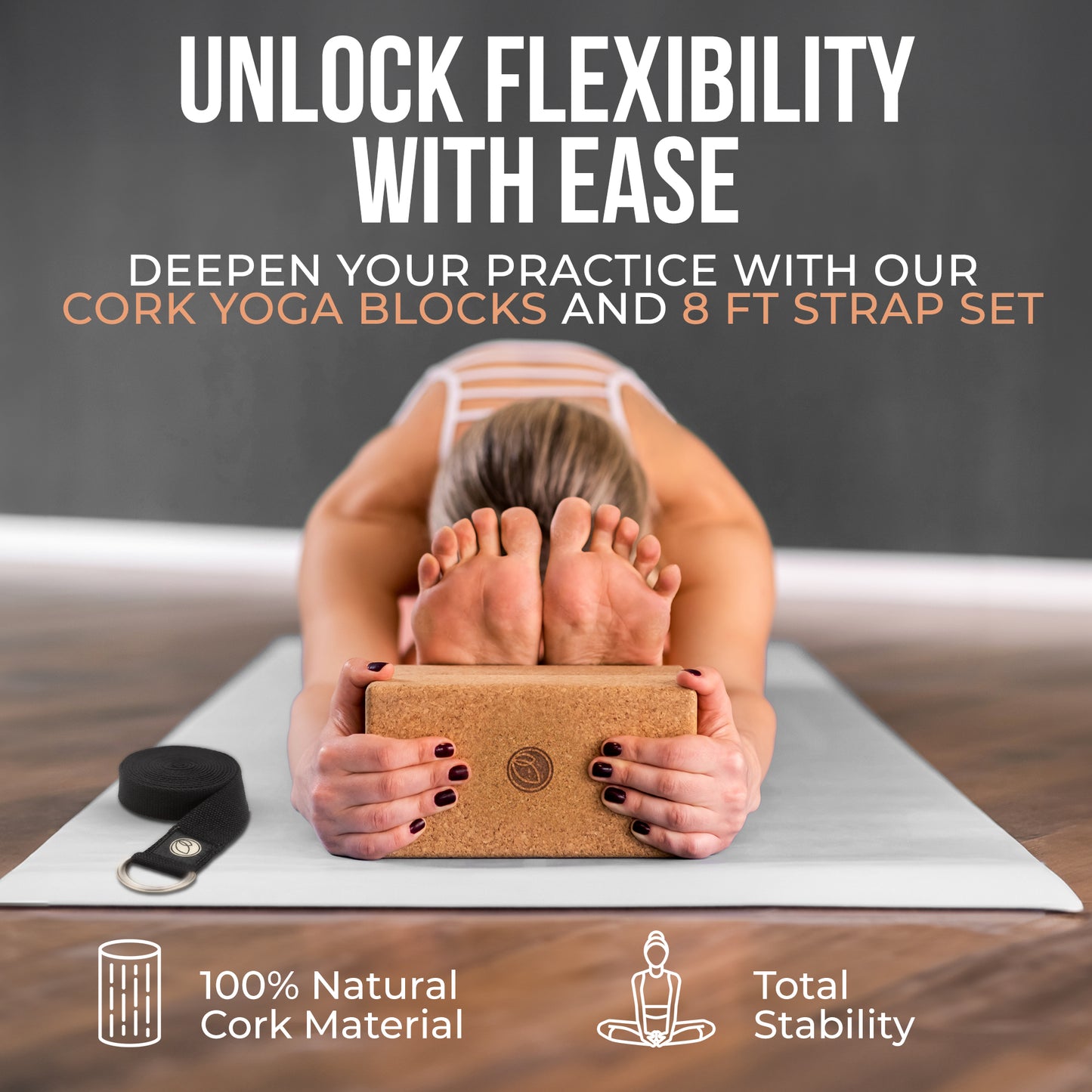 Dakini Wellness Cork Yoga Block 2 Pack with Yoga Strap Set