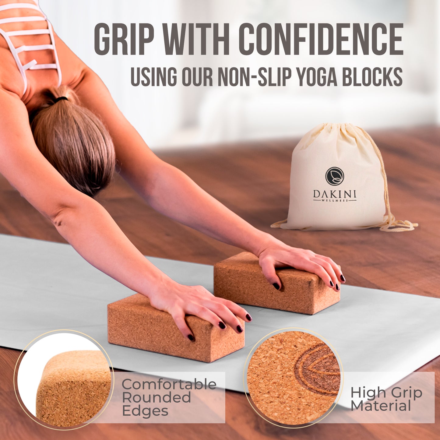 Dakini Wellness Cork Yoga Block 2 Pack with Yoga Strap Set