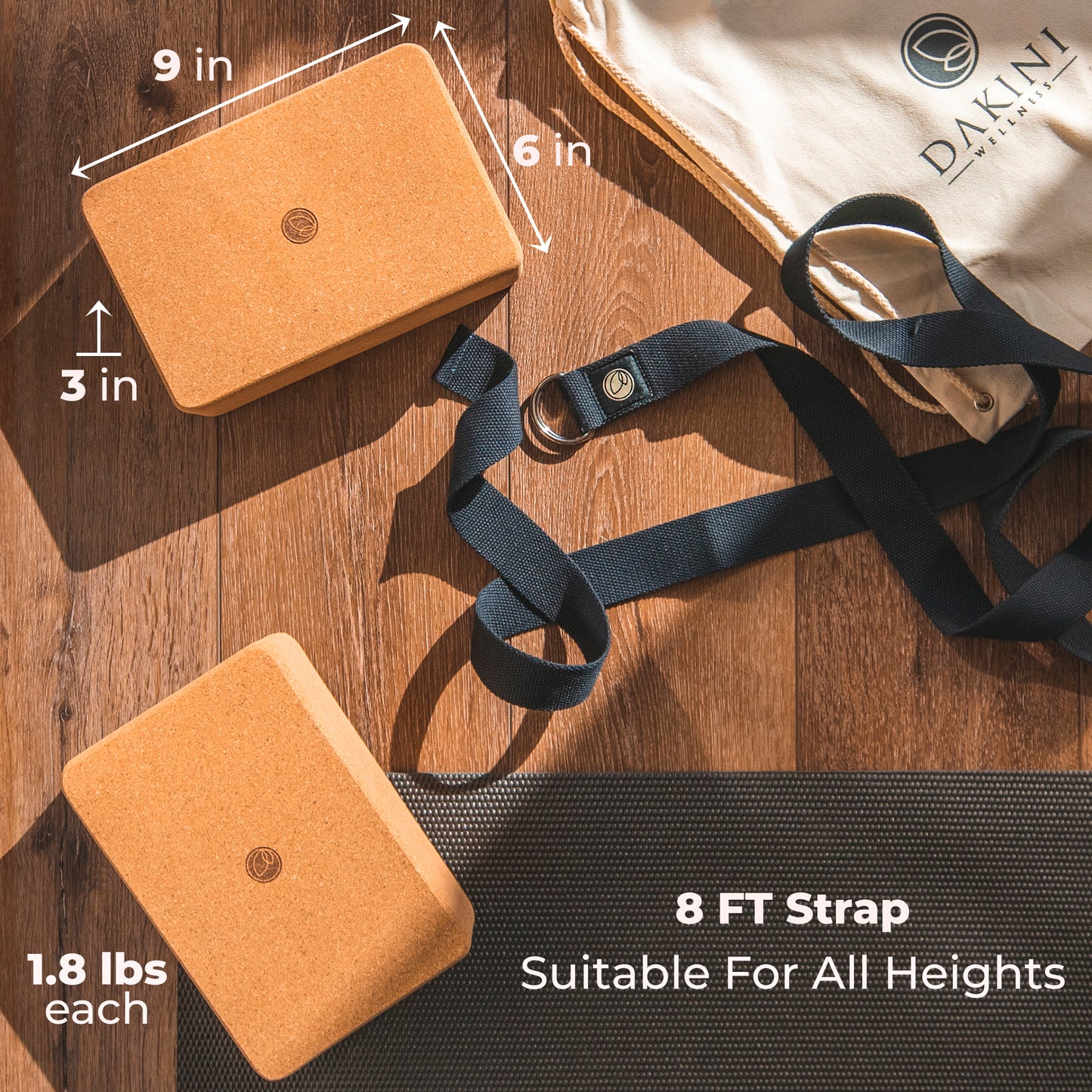 Dakini Wellness Cork Yoga Block 2 Pack with Yoga Strap Set
