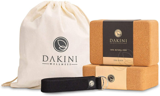 Dakini Wellness Cork Yoga Block 2 Pack with Yoga Strap Set - Non-Slip Yoga Blocks with Stretching Strap for Flexibility - 9x6x3 inch - Yoga Props and Accessories - Dakini Wellness