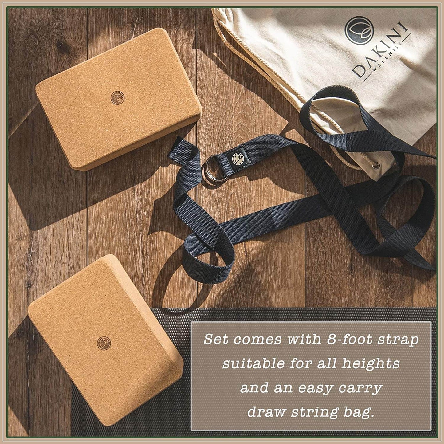 Dakini Wellness Cork Yoga Block 2 Pack with Yoga Strap Set - Non-Slip Yoga Blocks with Stretching Strap for Flexibility - 9x6x3 inch - Yoga Props and Accessories - Dakini Wellness